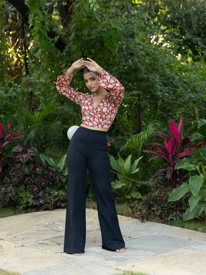 Red Lotus Handblock Print Wrap Top