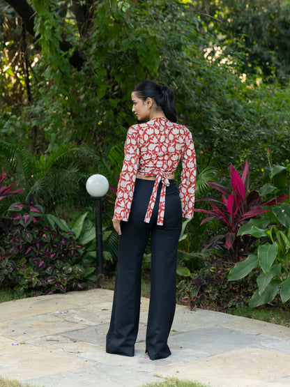 Red Lotus Handblock Print Wrap Top