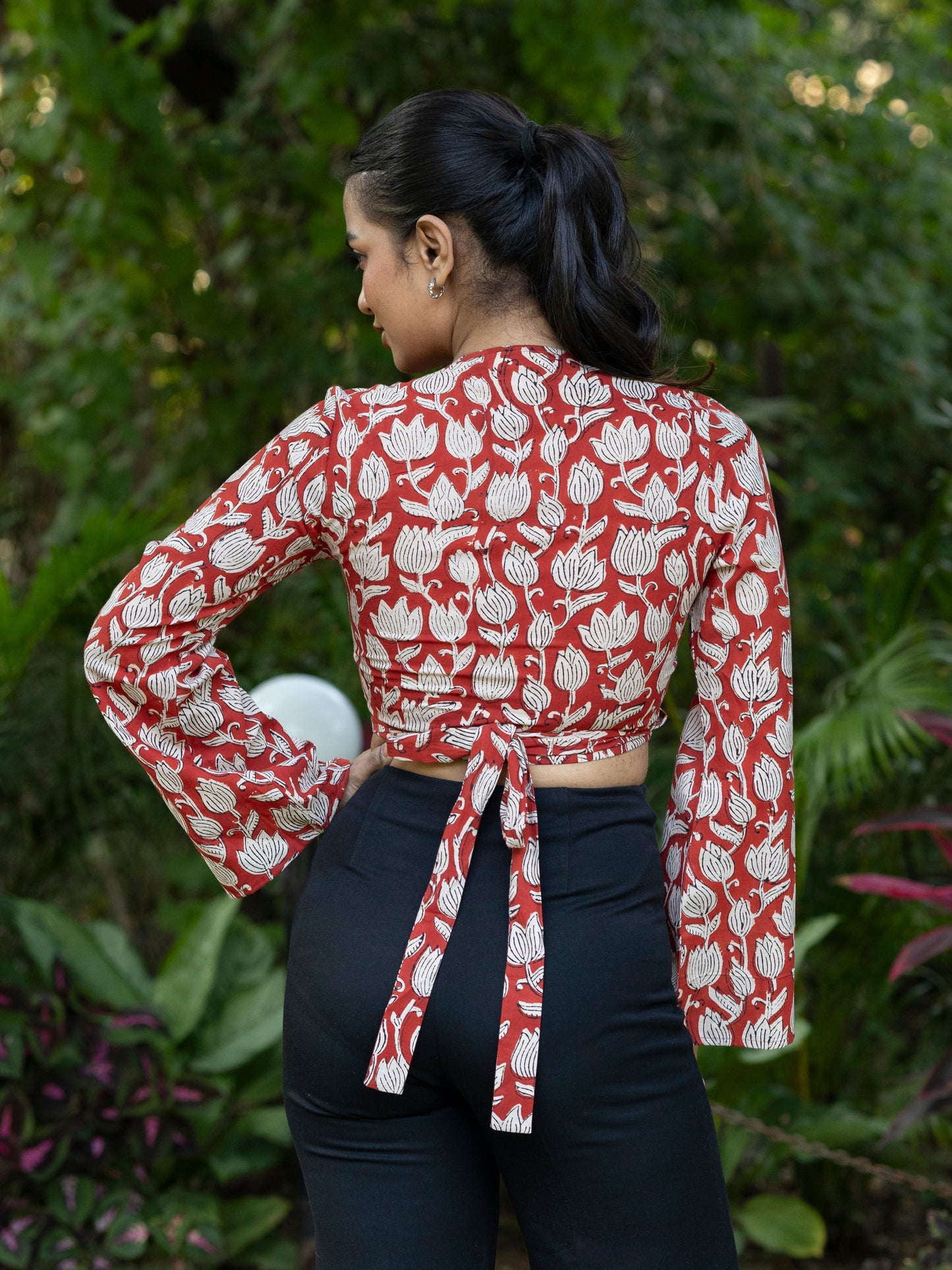 Red Lotus Handblock Print Wrap Top