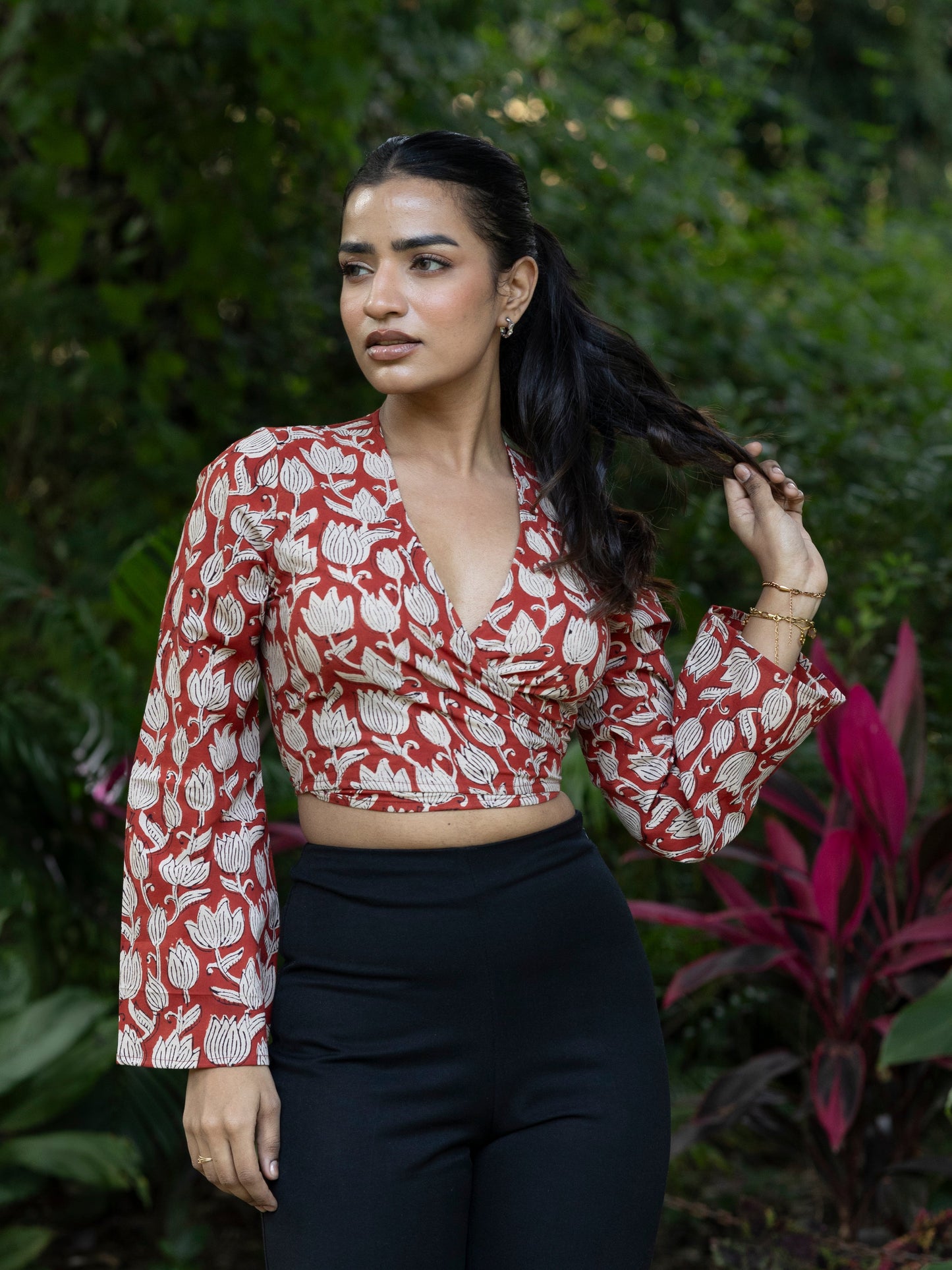 Red Lotus Handblock Print Wrap Top