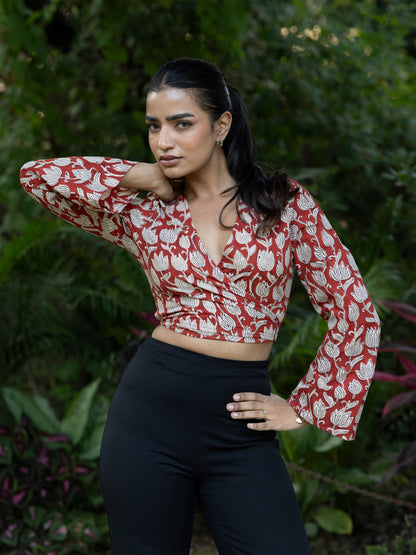 Red Lotus Handblock Print Wrap Top