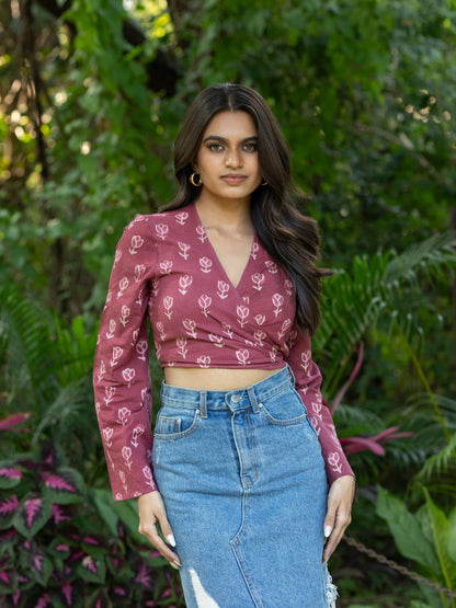 Mauve Handblock Print Wrap Top