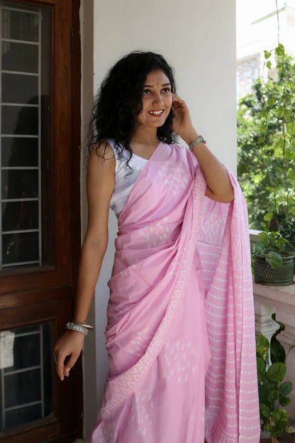 Drizzle in Backyard - Hand Block Print Mulmul Cotton Bagru Saree