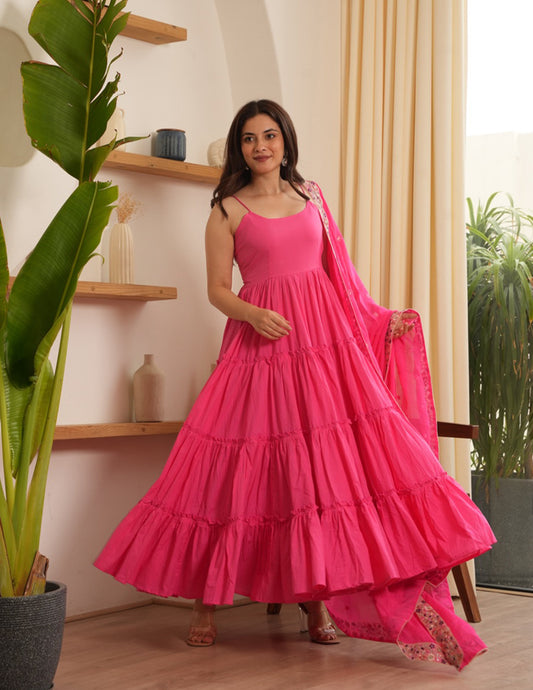 Ariel Pink Cotton Flare Anarkali Set with Sequin Work Dupatta