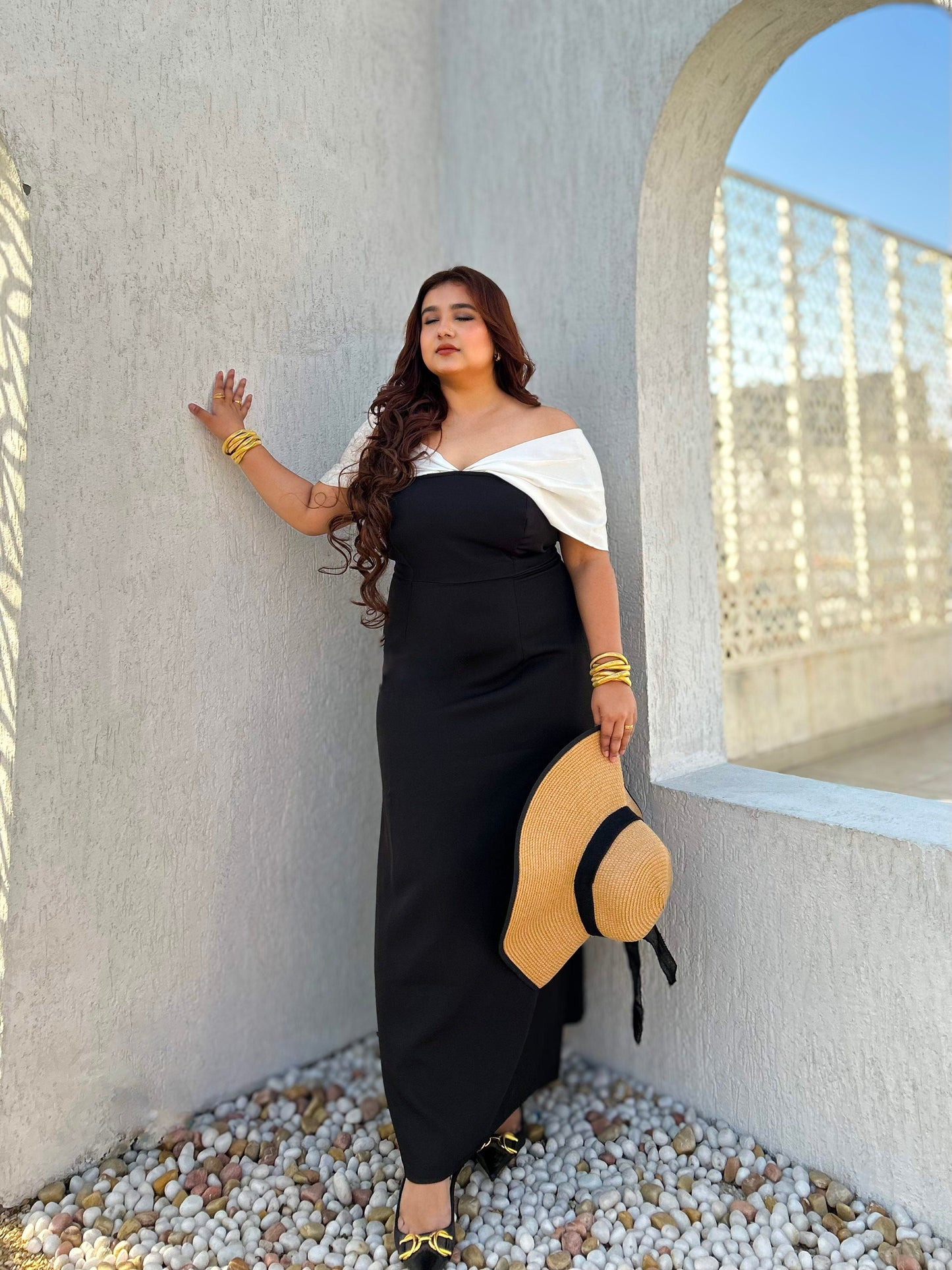 Eterna Black Off-Shoulder Slit Dress