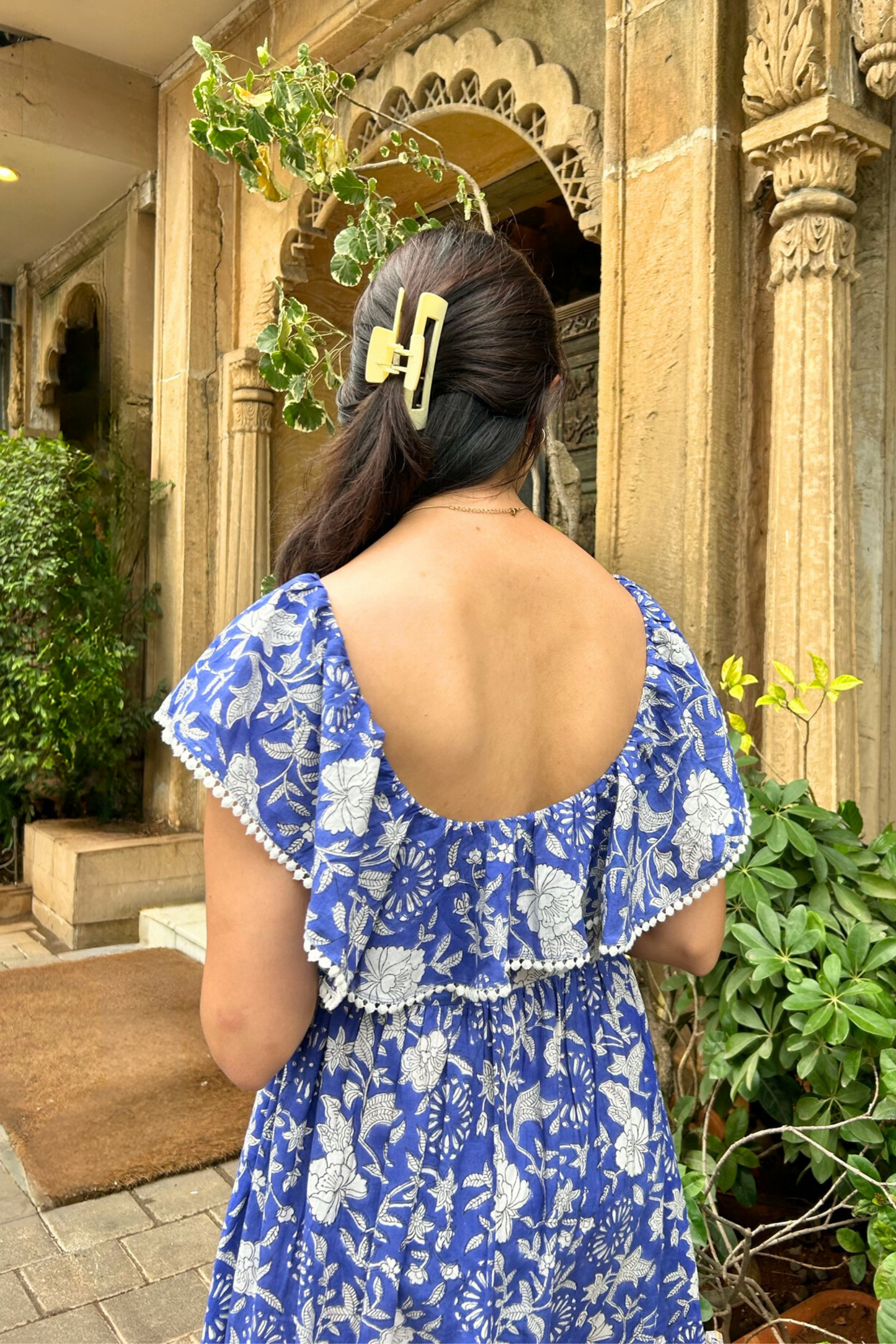 Blue and White Hand Printed Maxi Dress with Pocket