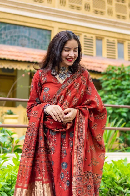 Mannat Madder Ajrakh Chanderi Silk Dupatta with Zari Patti