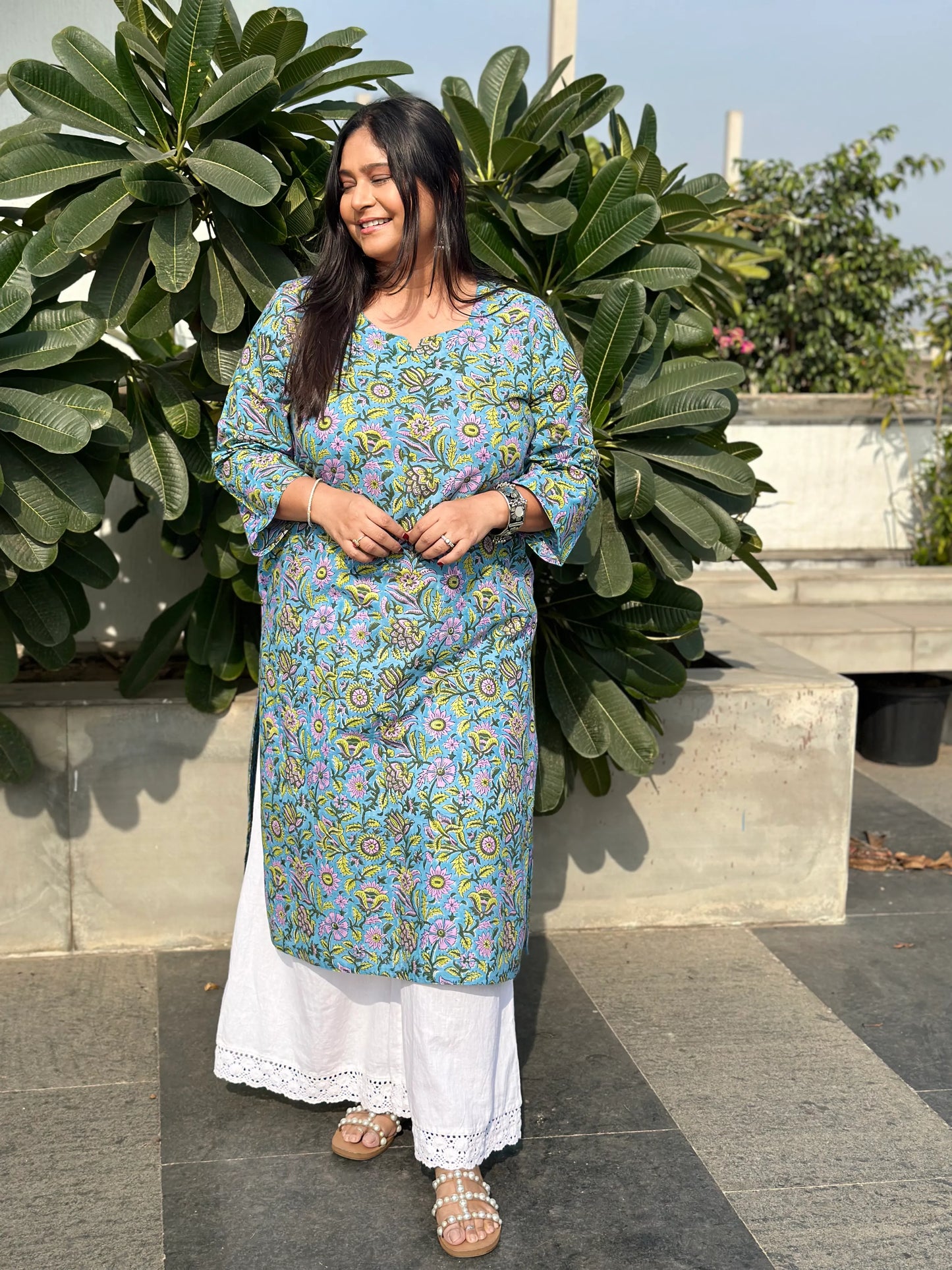 Block Printed Long Kurta - Aqua Blue