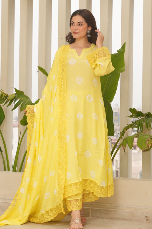 Yellow Hand-dyed Maslin Bandhej Suit Set