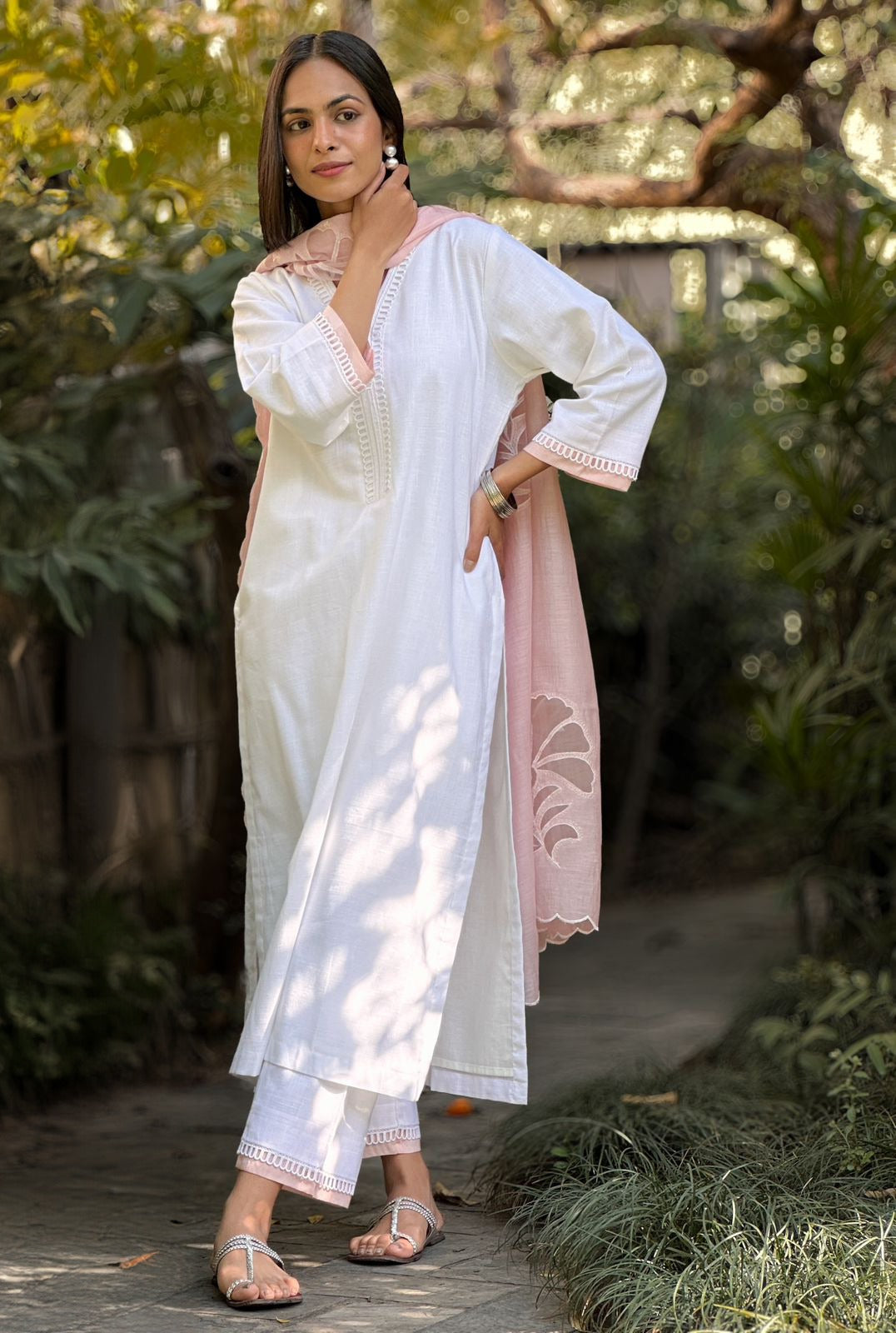 White Cotton Linen Set with a Cutwork Dupatta