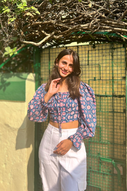 Pure Cotton Top in Blue & Pink Floral Print Full Sleeves Top