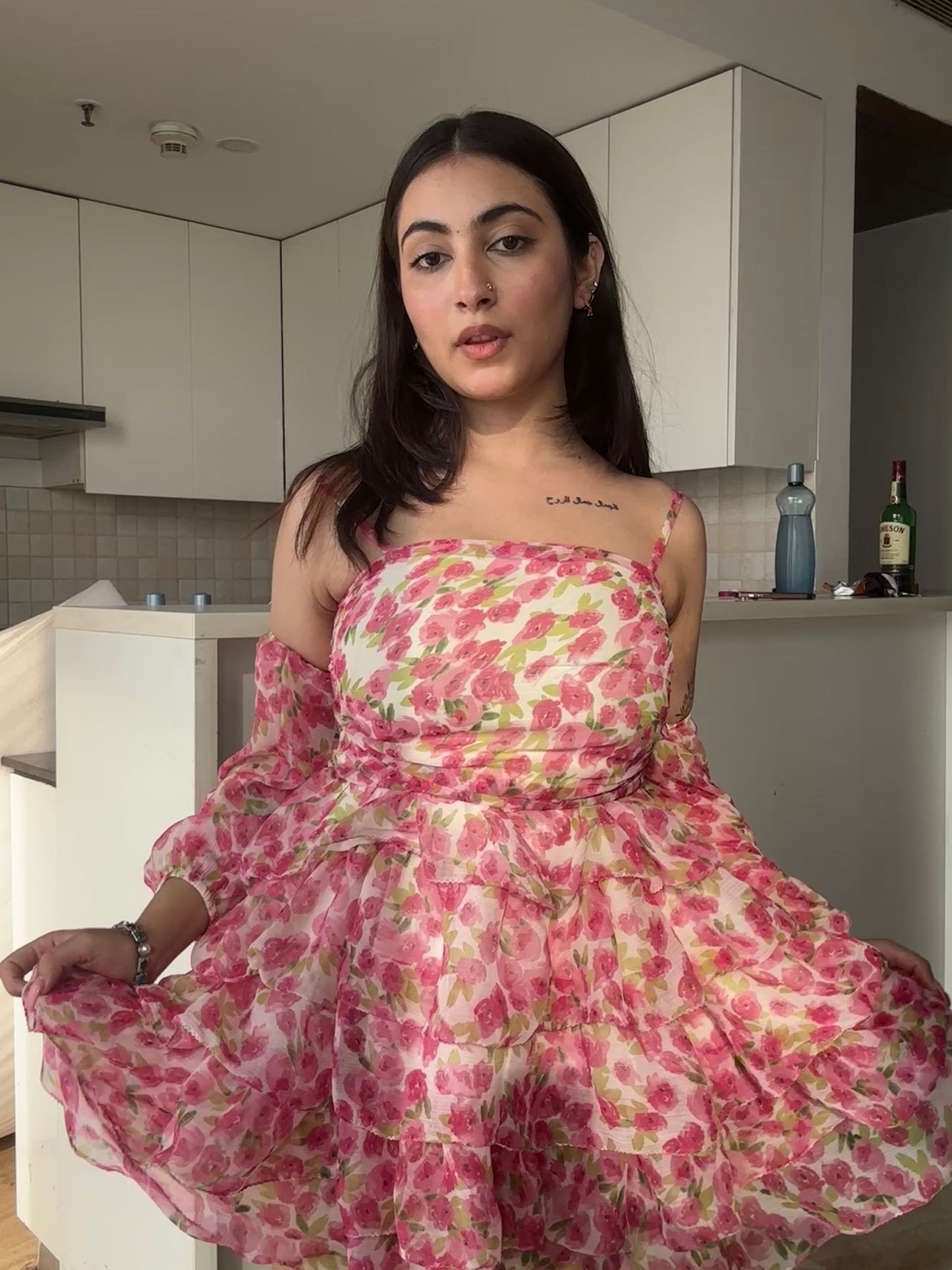 Peony Puff Flare Dress With Detachable Puff Sleeves