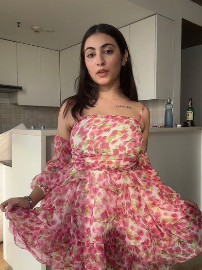 Peony Puff Flare Dress With Detachable Puff Sleeves