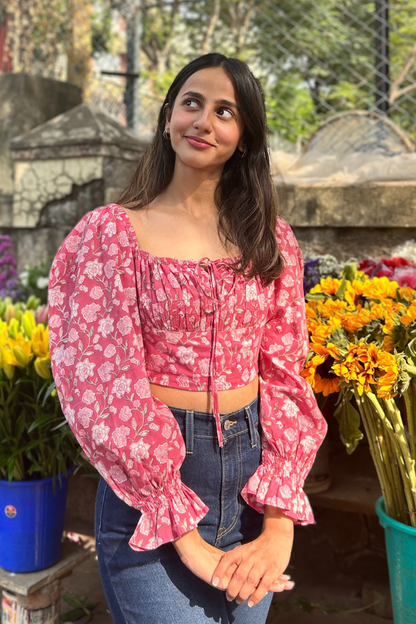 Full Sleeves Floral Pink Top With Back Smocking