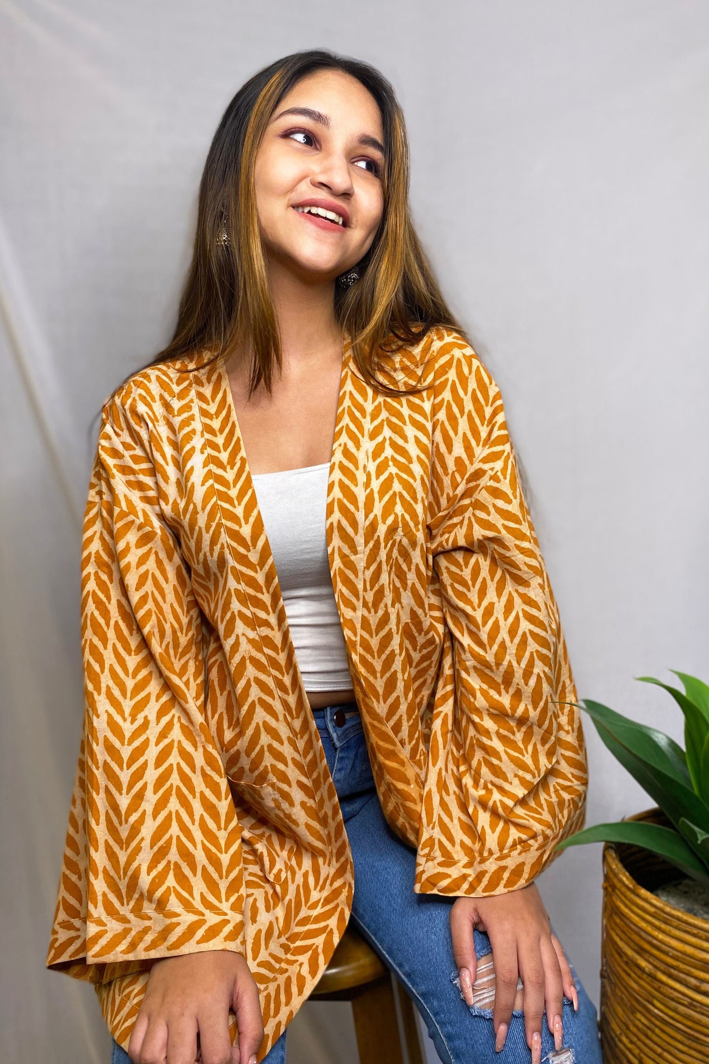 Mustard Pure Cotton Free Size Hand-Printed Shrug