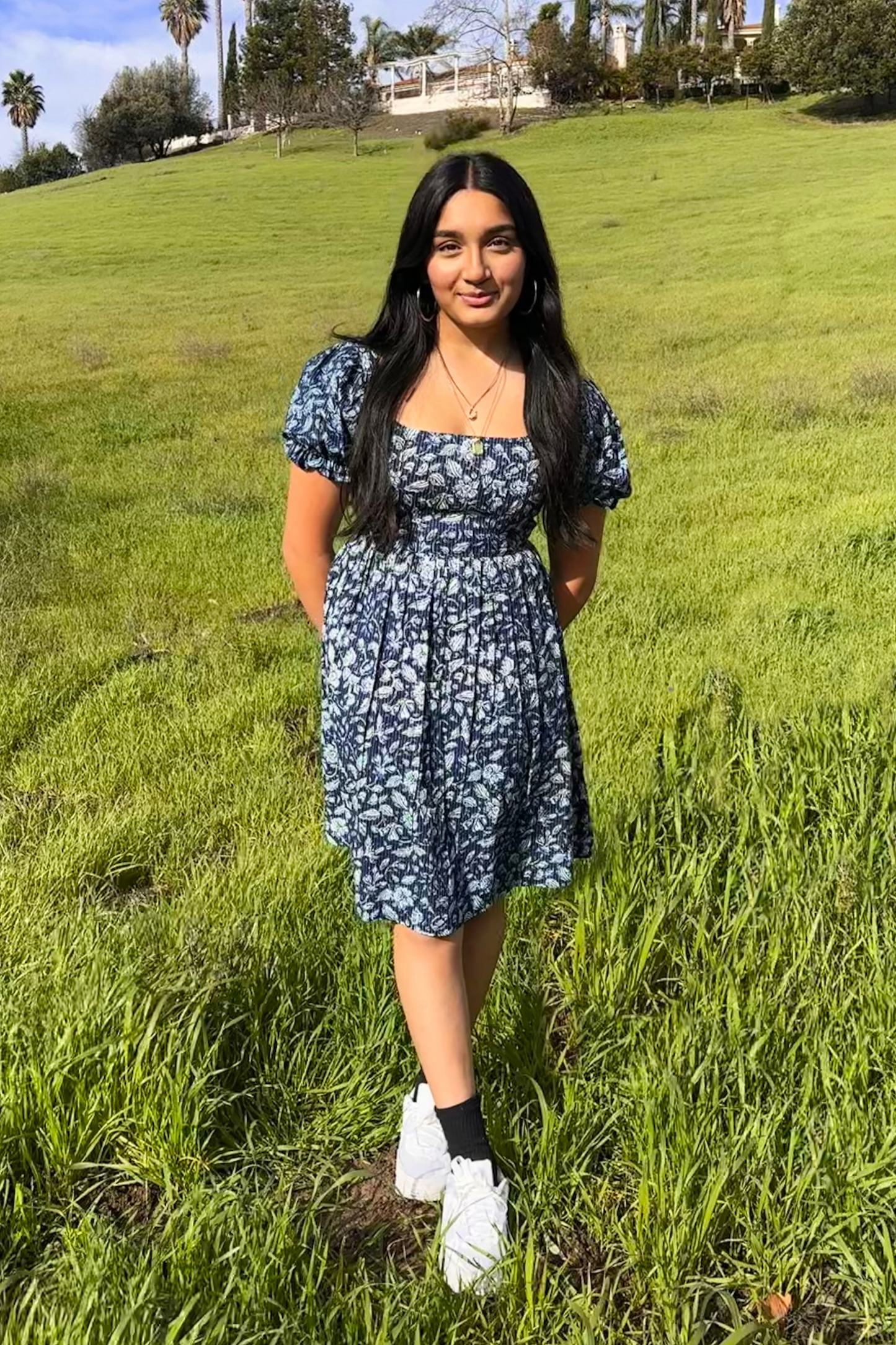 Blue and White Hand-Printed Short Cotton Dress