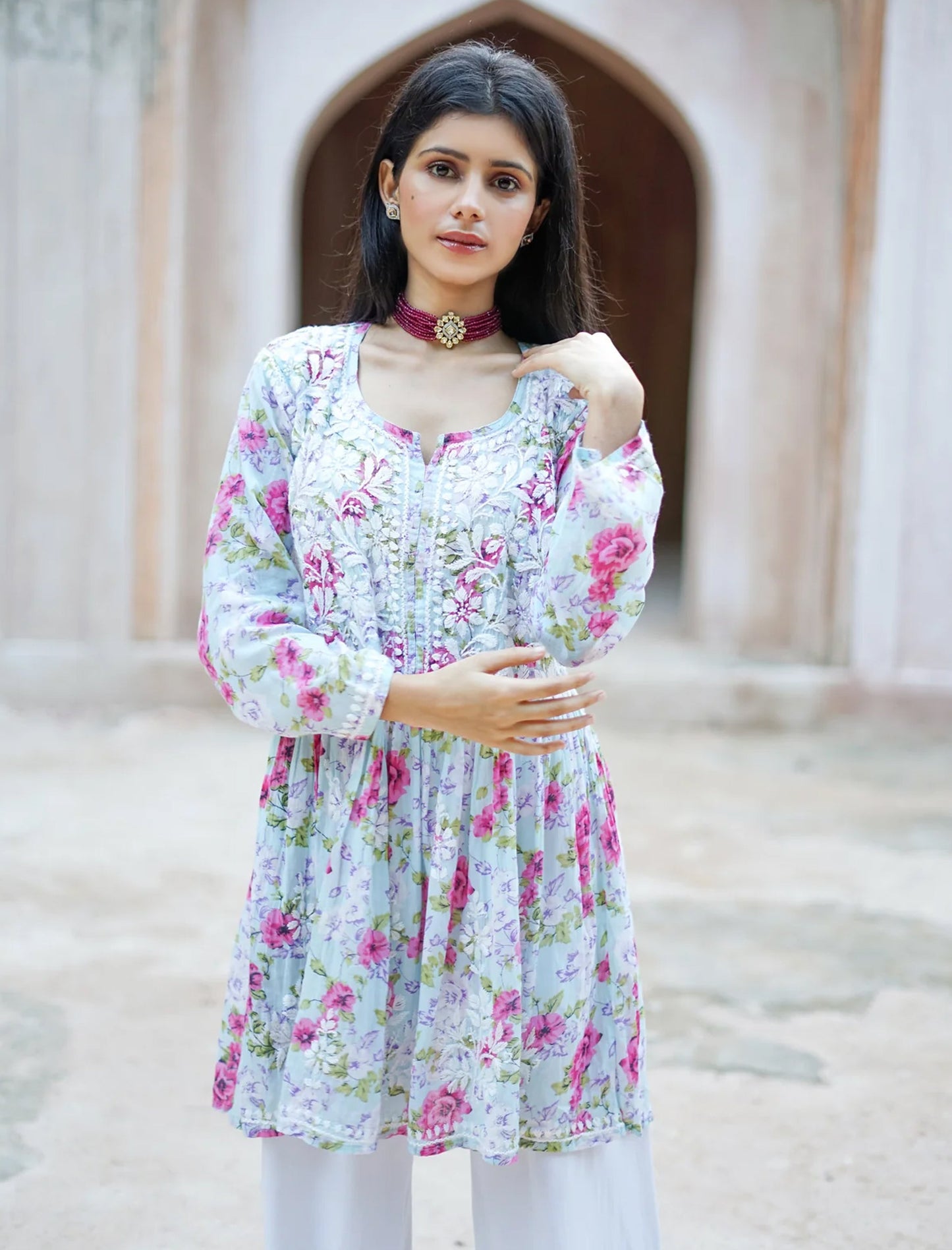 Fiza Flared Anakarli Short Printed Chikankari Kurta