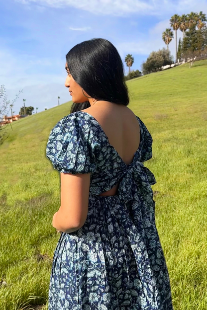 Blue and White Hand-Printed Short Cotton Dress