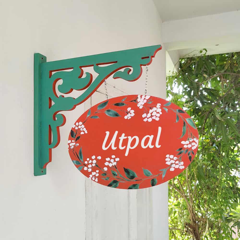 Handpainted Hanging Nameplate Red Oval White Flowers