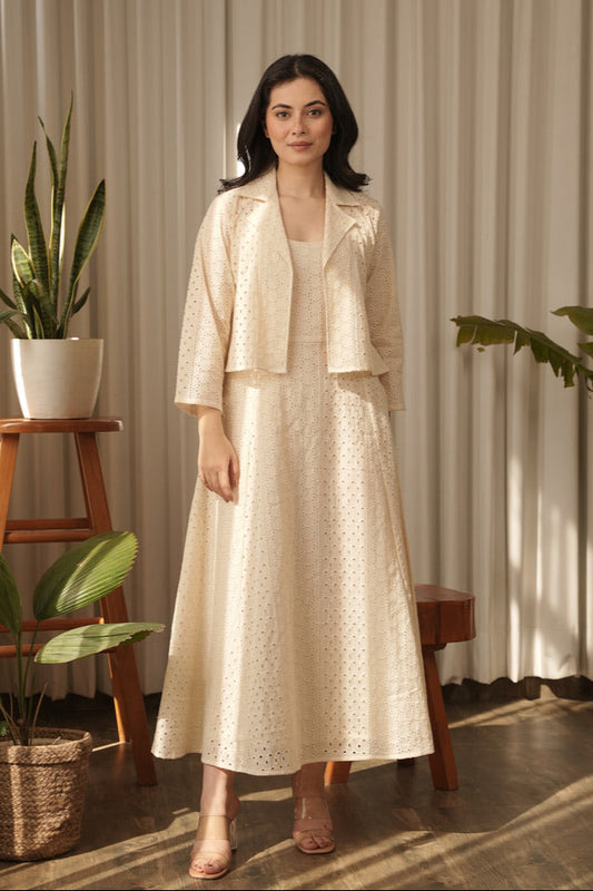 White Rose Cotton Dress With Jacket