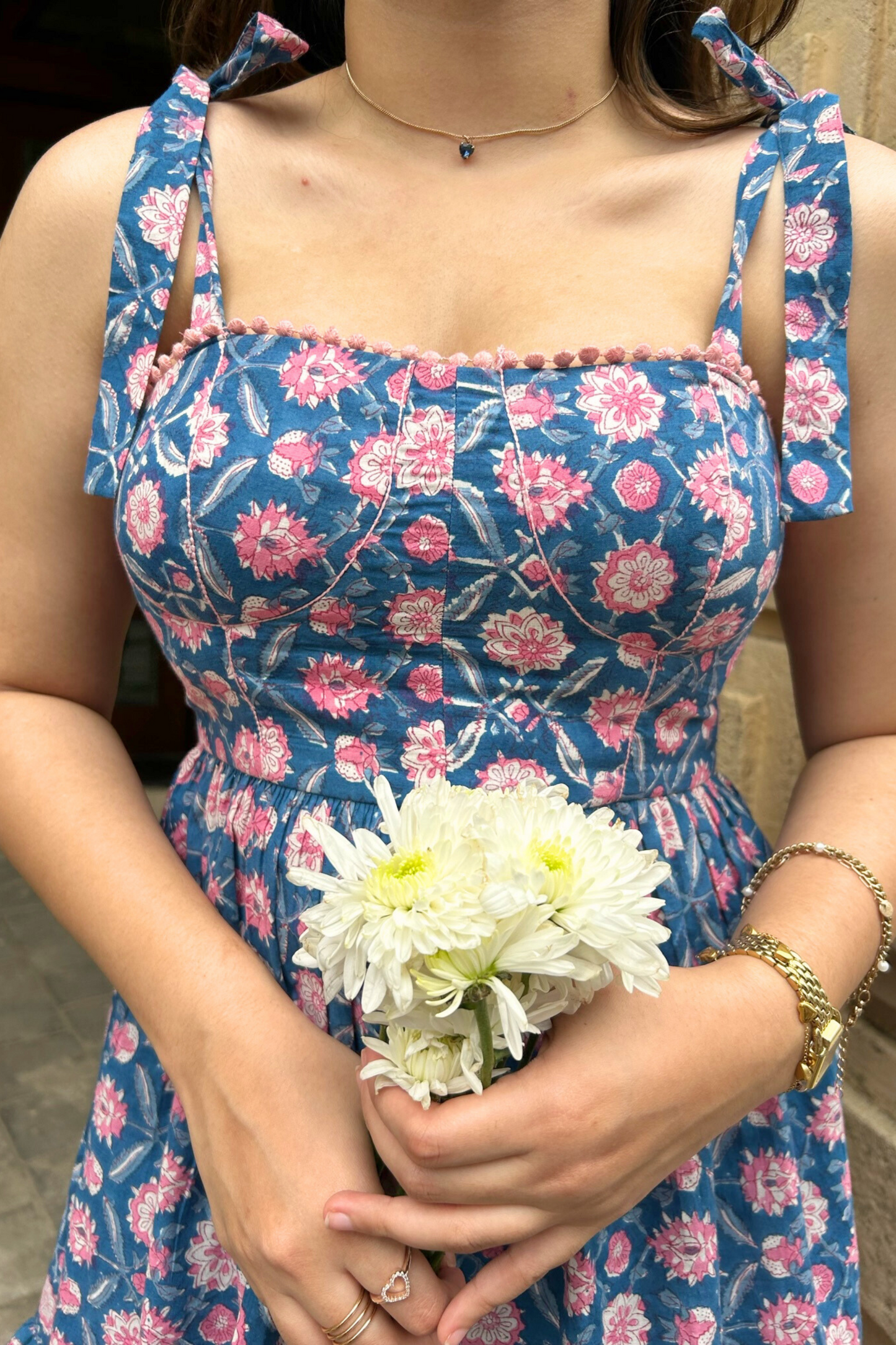 Blue and Pink Floral Hand-printed Corset Short Dress with Pocket