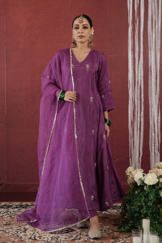 Chaand Purple Silk Zari Embroidery Suit Set