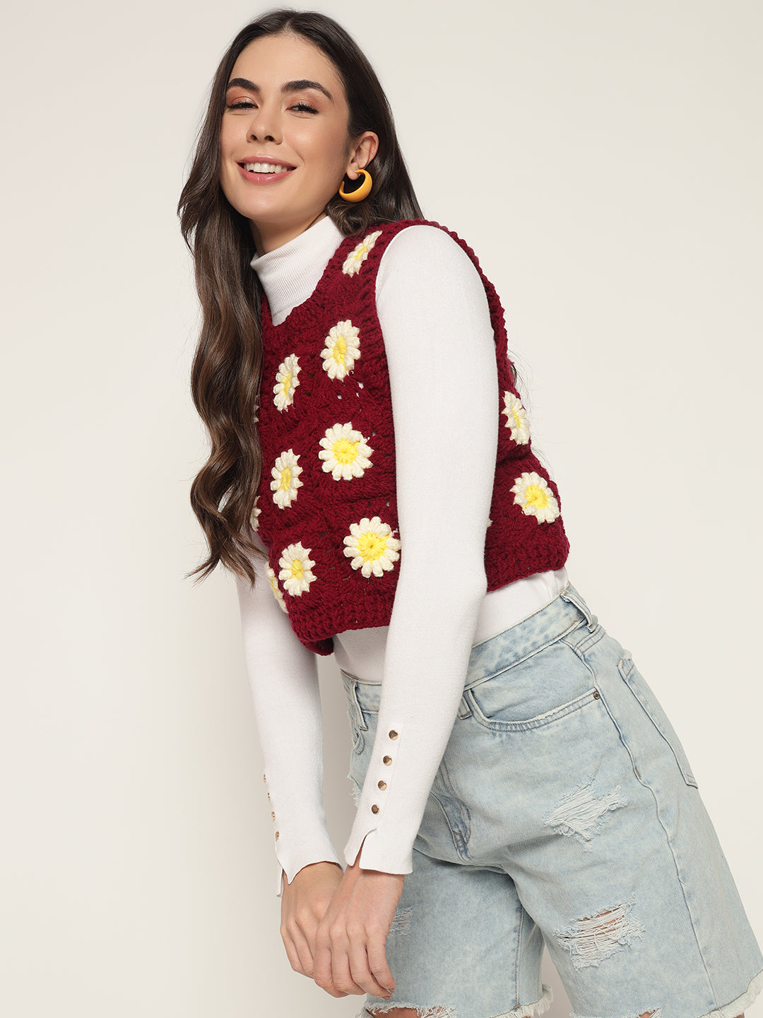 Maroon Cropped Daisy Vest