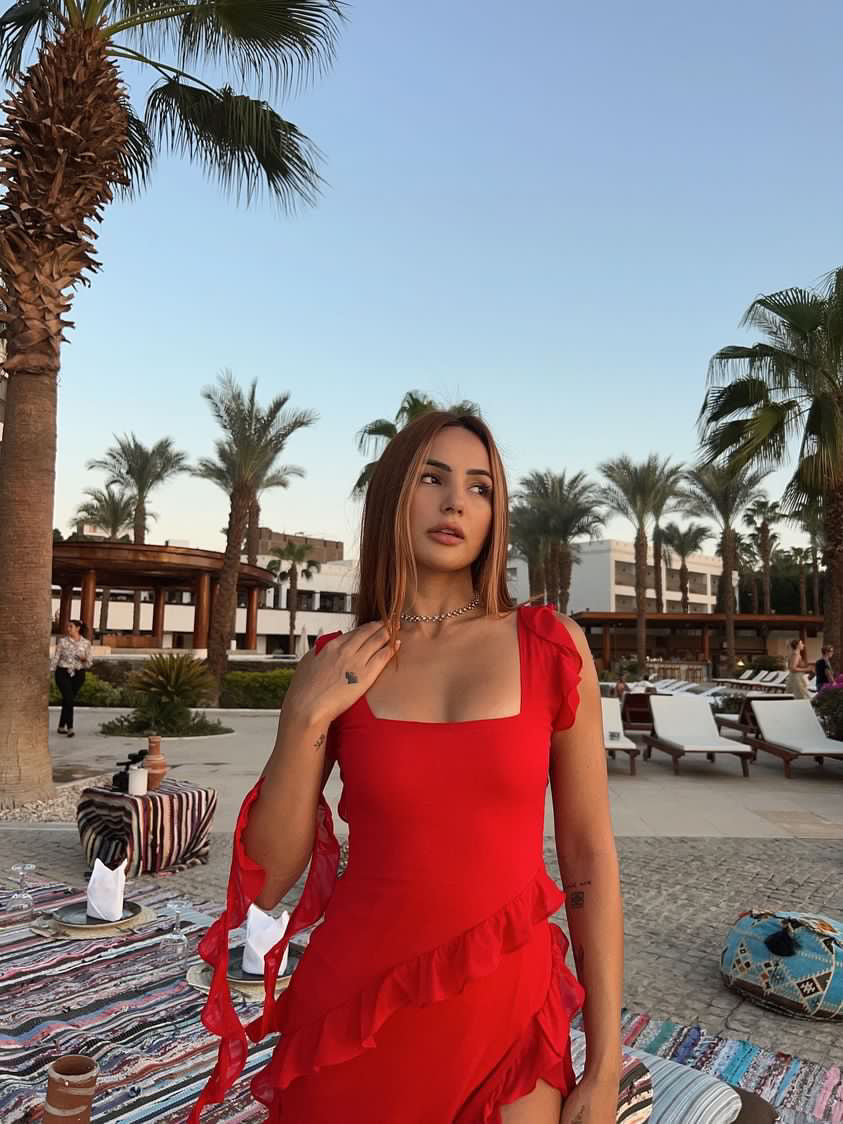 Ruffle Red Side Slit Dress