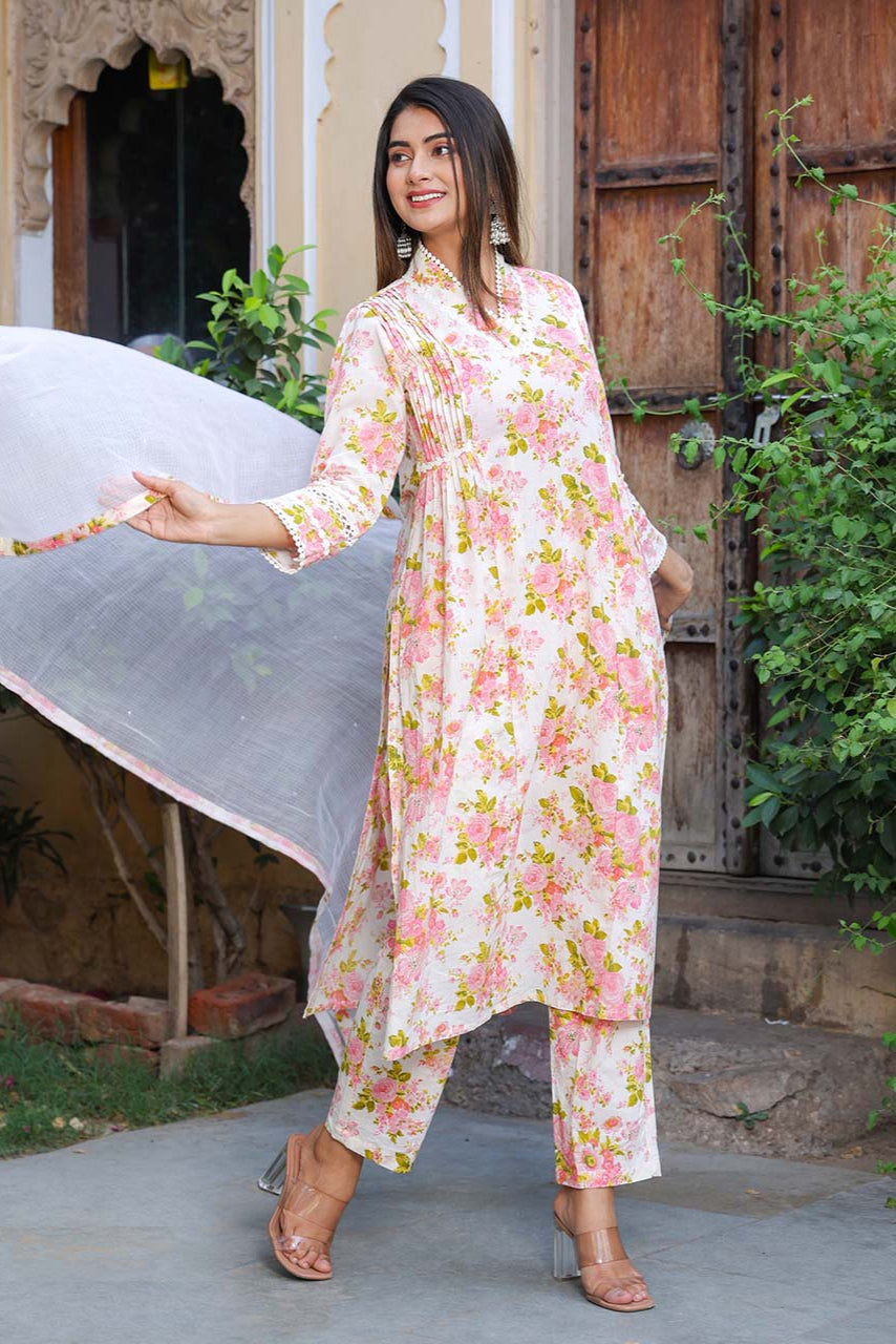 White Peach Cotton Suit Set With Kota Dupatta