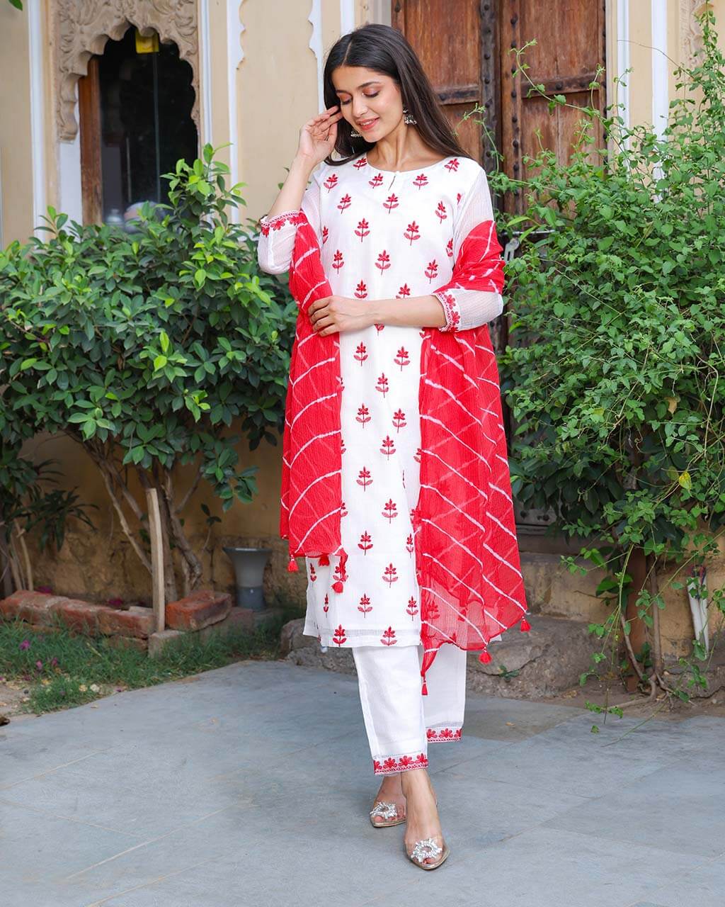 White Red Kota Doria Suit With Leheriya Dupatta