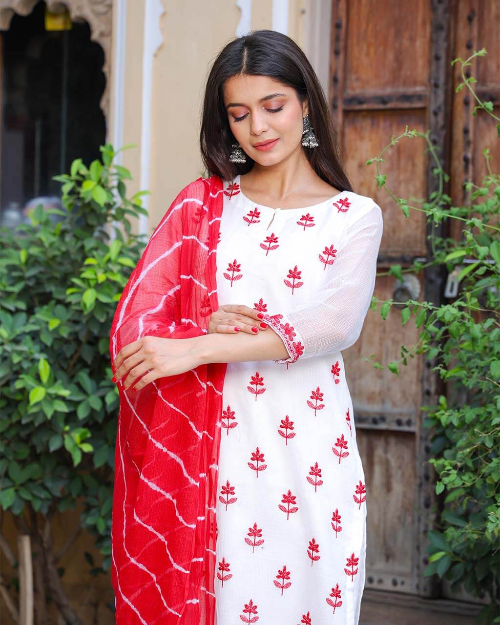 White Red Kota Doria Suit With Leheriya Dupatta