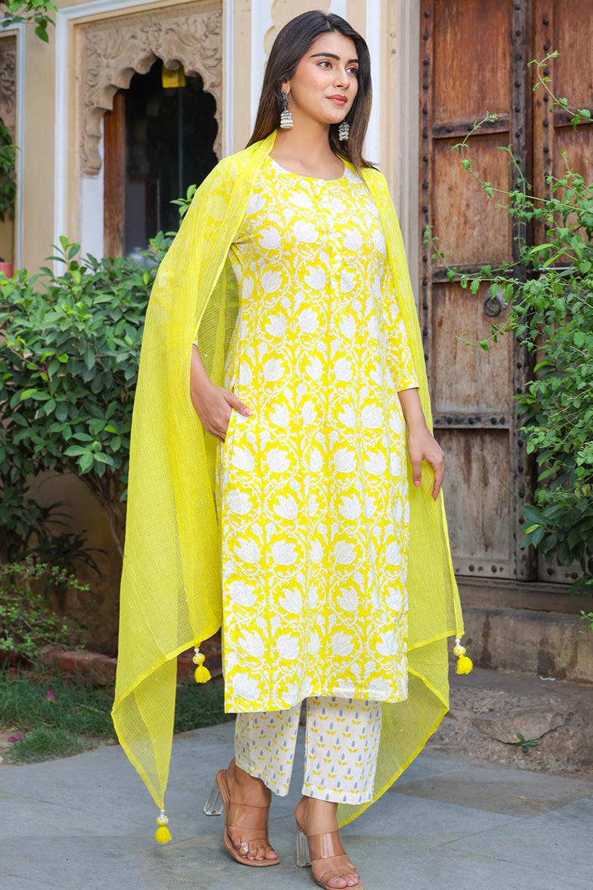 Lime Yellow Cotton Suit Set With Kota Dupatta