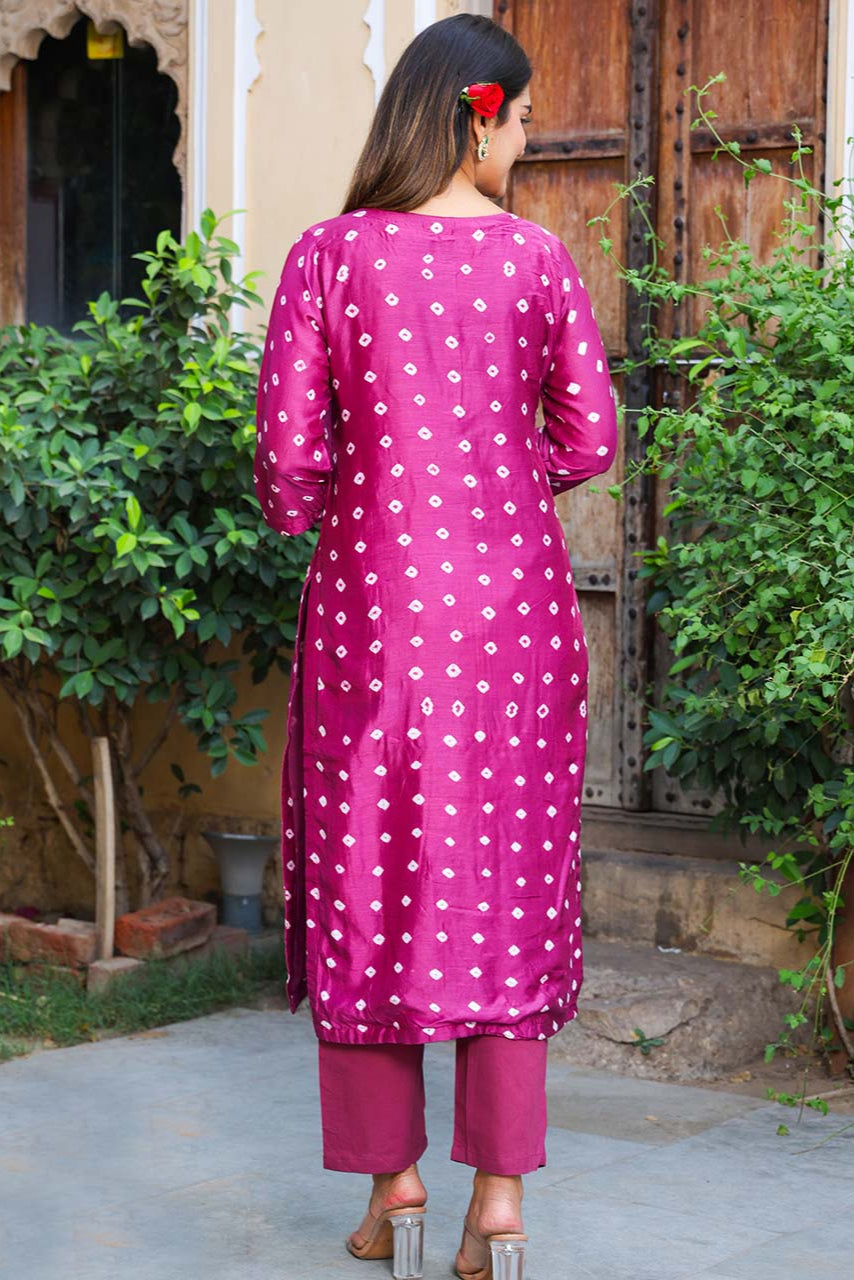 Magenta Cotton Silk Bandhej Suit Set