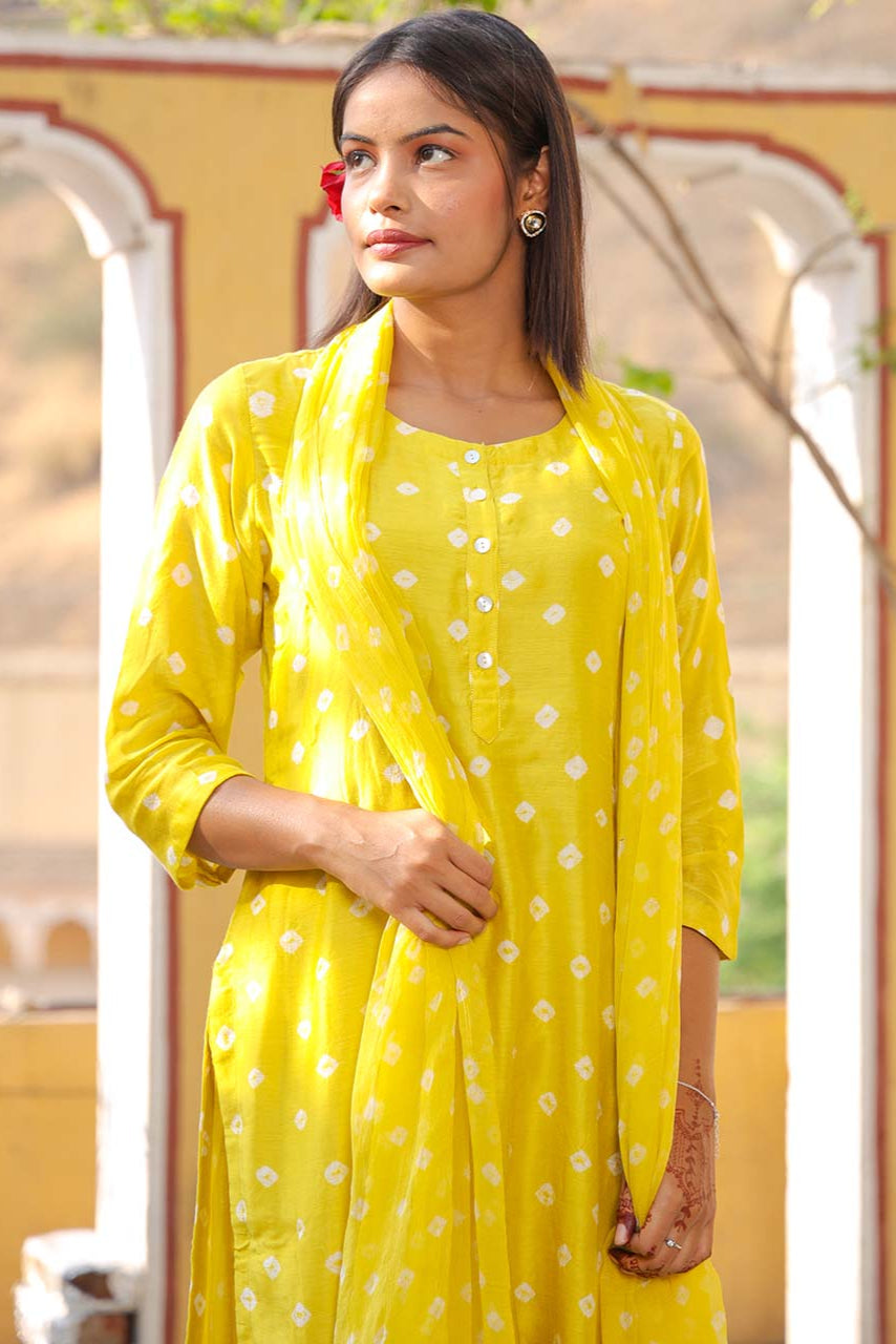 Lime Cotton Silk Bandhej Suit Set