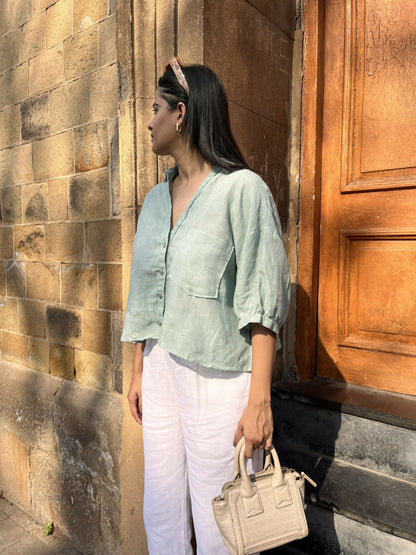 Sage Green Cropped Linen Blend Blouse