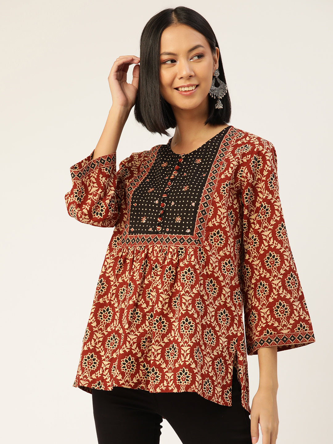 Maroon Cotton Ethnic Hand Block Print A-Line Top