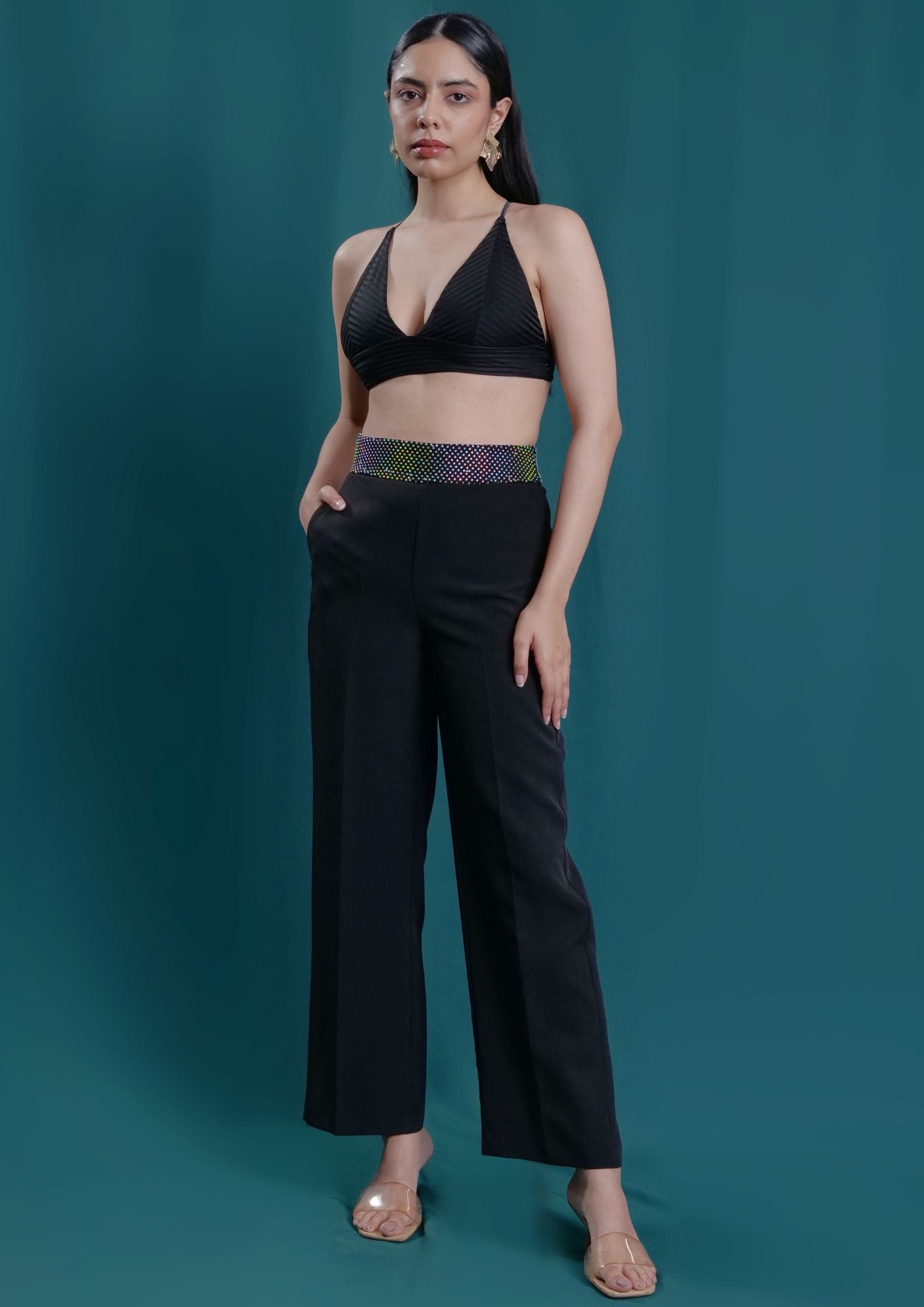 Rhinestone Belt Straight Trousers