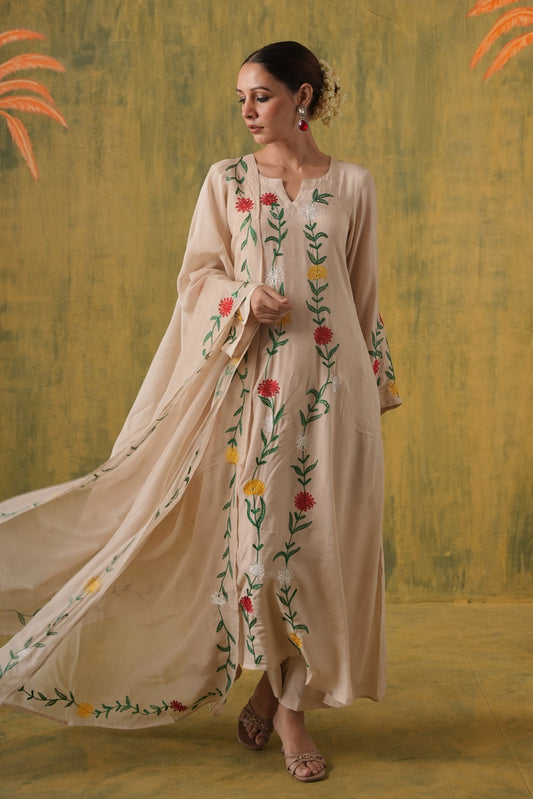 Dilruba Beige Floral Maslin Kurta Set