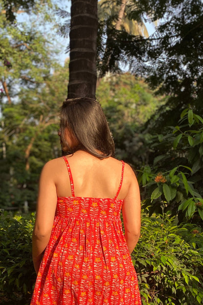 Crimson Red Floral Hand-Printed Cotton Maxi Dress with Pocket