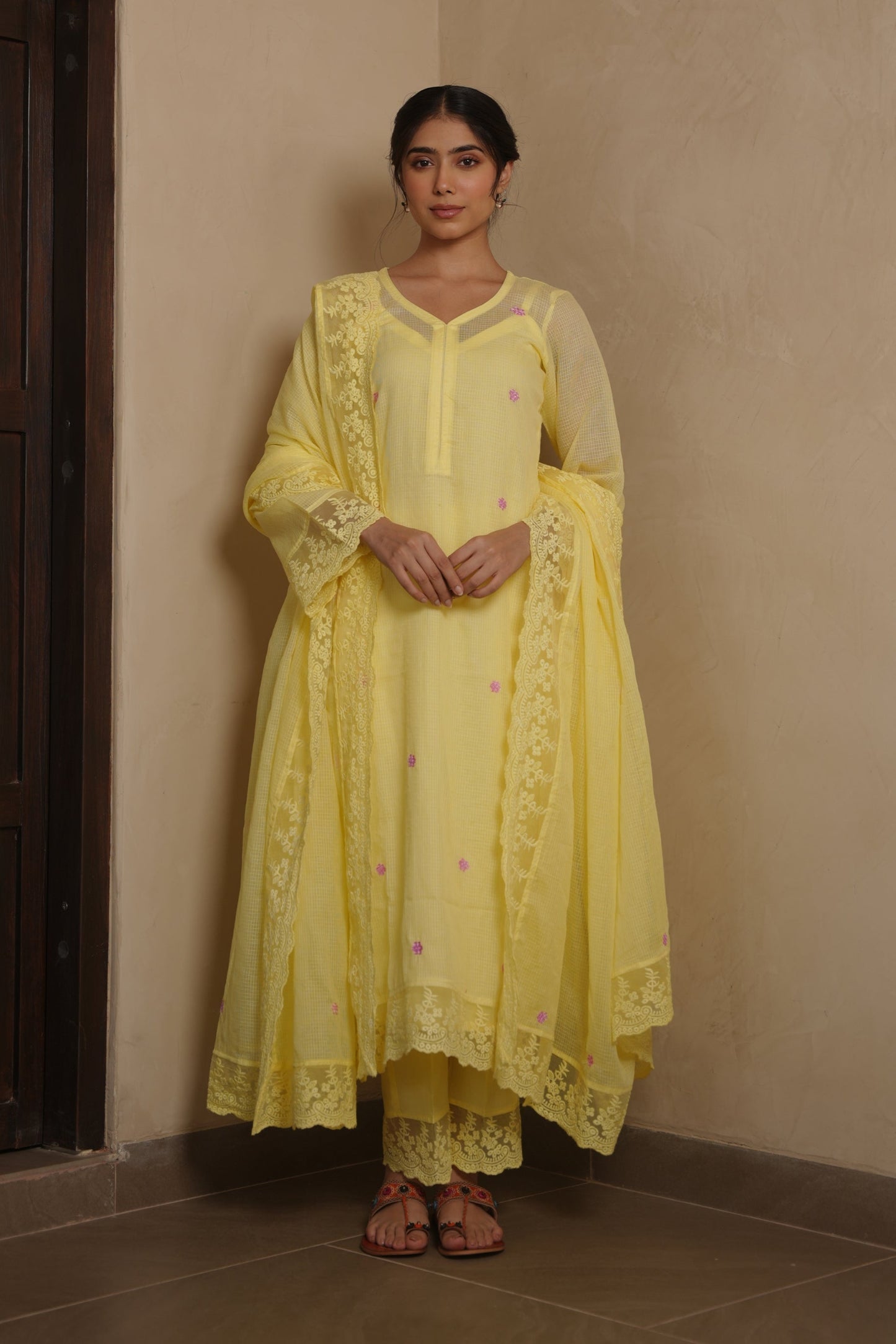 Poppy Yellow Doriya Floral Embroidery Suit Set