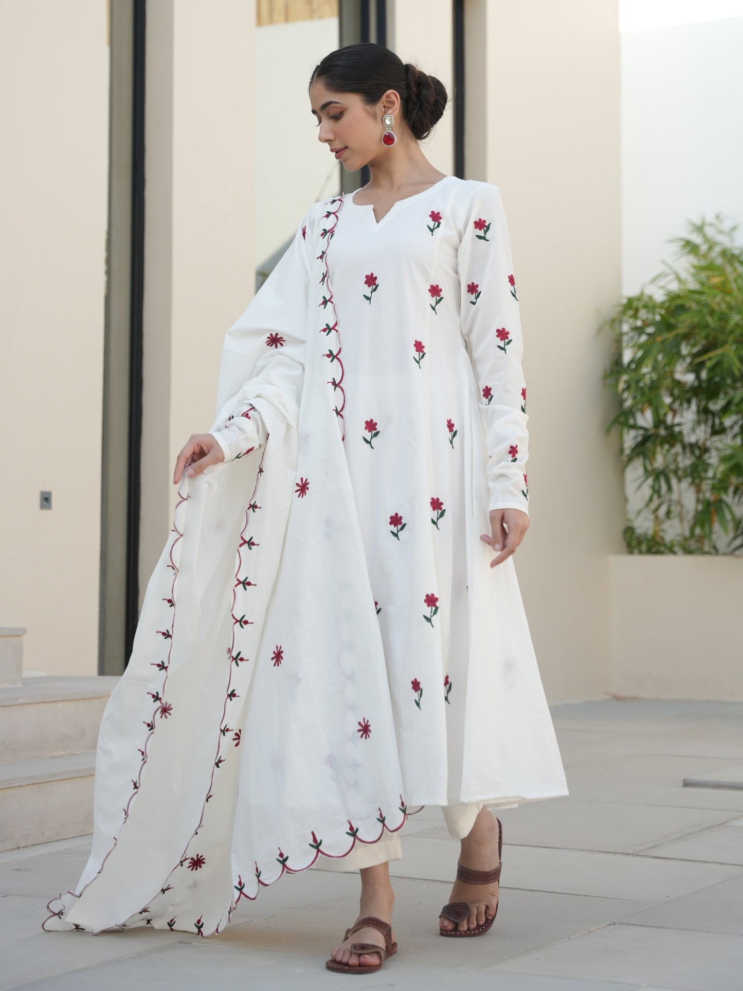 Kowhai White Cotton Floral Embroidered Suit Set
