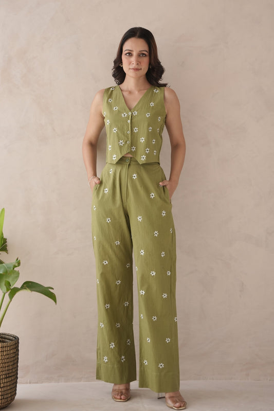 Serra Olive Embroidery Cotton Co-Ord Set