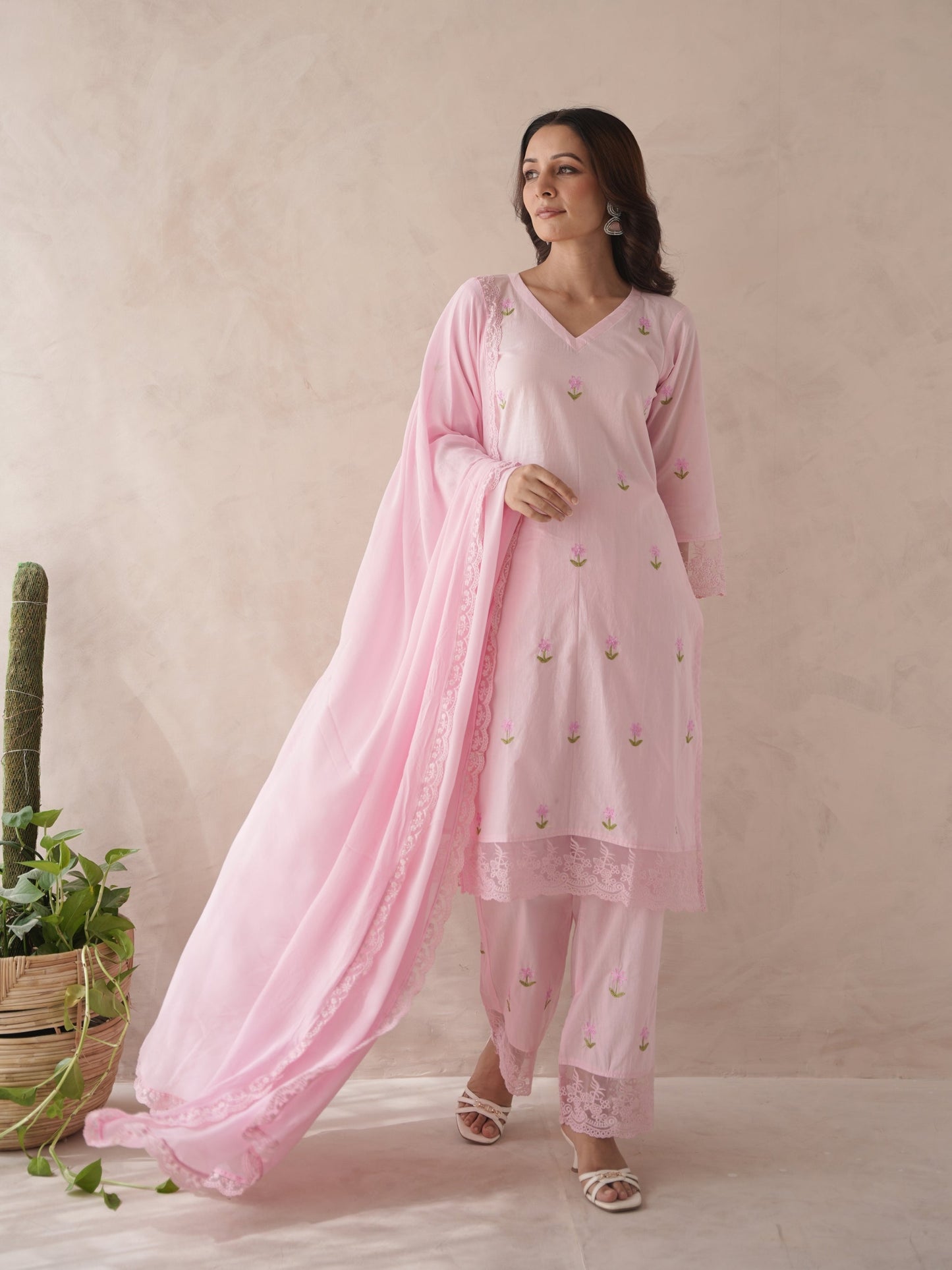 Bloomera Pink Rose Embroidery Cotton Suit Set