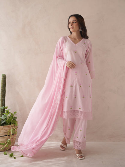 Bloomera Pink Rose Embroidery Cotton Suit Set