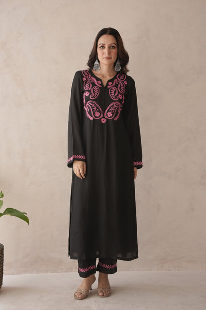 Indiflora Black Embroidery Maslin Kurta Set