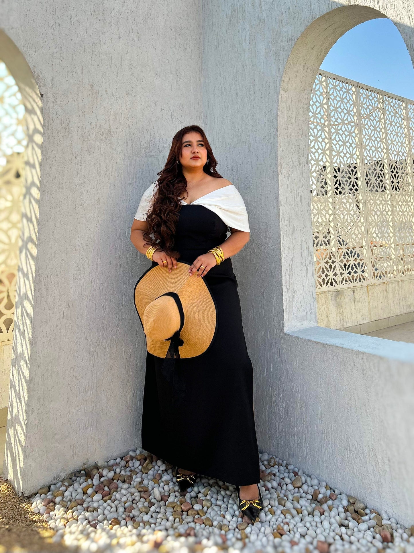 Eterna Black Off-Shoulder Slit Dress