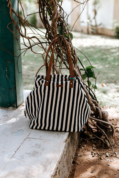 Black And White Stripes Three Pocket Jacquard Bag