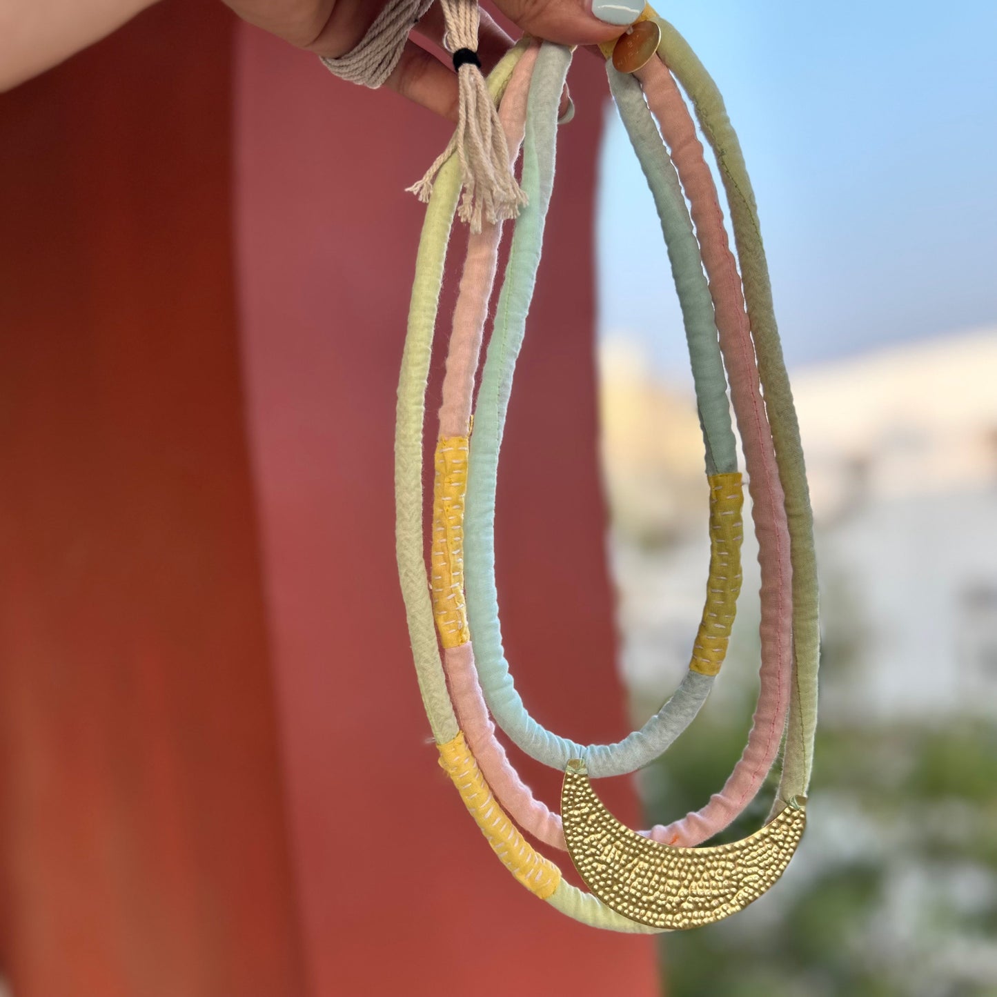 Three Layered Brass Moon Necklace