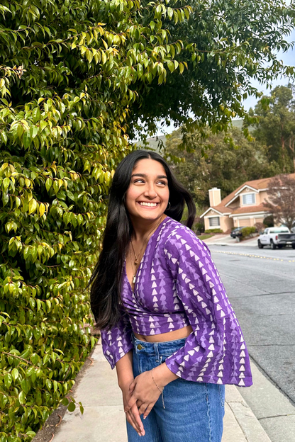 Pure Cotton Hand-Block Print Violet Wrap Top in Purple