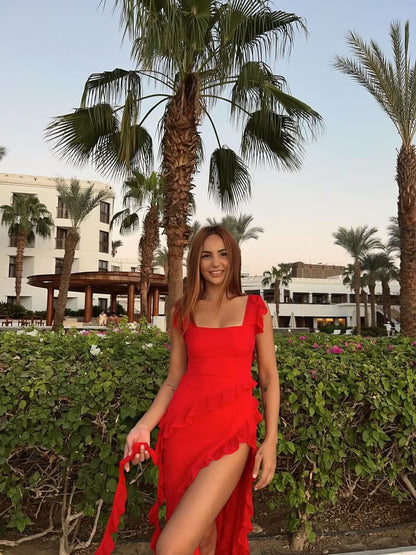 Ruffle Red Side Slit Dress